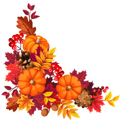Obraz premium Autumn corner frame with orange, red, purple, and yellow autumn leaves, orange pumpkins, pine cones, and rowanberries. Vector fall leaves corner design element
