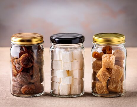 variety of natural sweeteners in glass jars for culinary and health uses