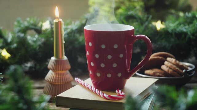 Cup of steaming tea or coffee set against festive Christmas backdrop. Warm and cozy winter atmosphere.