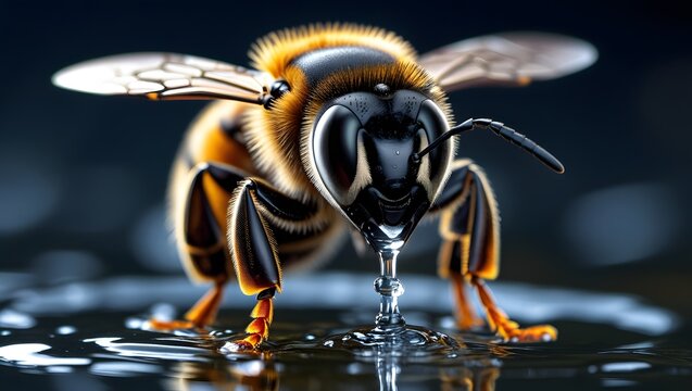 Close Up Honey Bee Drinking Water Against Dark Background