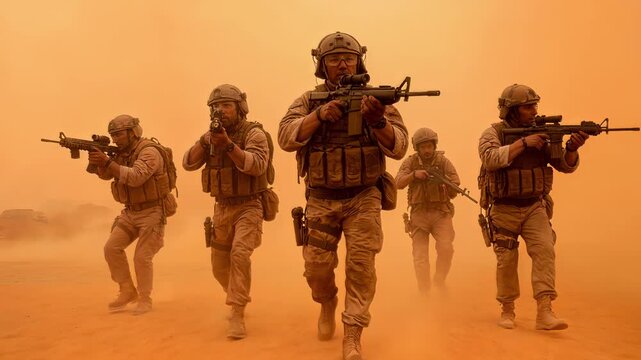 Armed tactical team advancing through heavy sandstorm in desert environment. Military squad patrolling during extreme weather conditions in Middle East setting. Low angle tracking shot.