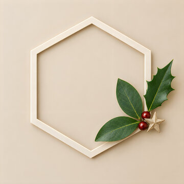 A minimalist hexagon frame decorated with holly leaves and berries to wish everyone a merry christmas holiday