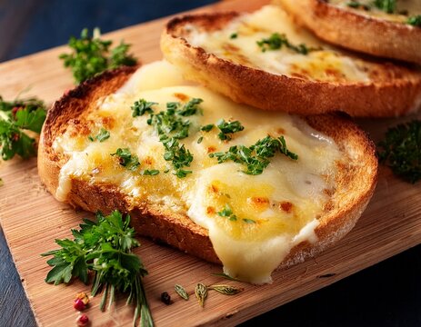 close up of bread with melted cheese and herbs on wooden cutting board