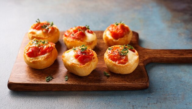 delicious homemade tomato and cheese stuffed bread bites on a rustic wooden board