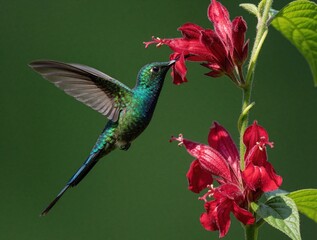 Obraz premium Iridescent green hummingbird hovers near red blossom. Small tropical bird feeds on nectar from bright flower in rainforest. Close up macro shot of avian wildlife in jungle habitat. Long tailed sylph