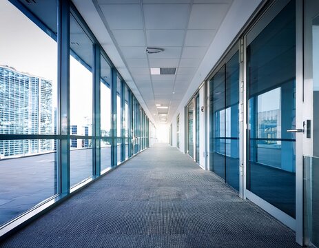 empty office building corridor with windows and doors