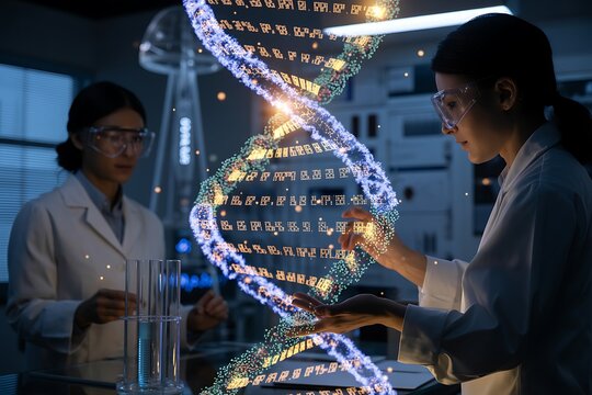 Scientists analyzing a digital DNA hologram in a modern research laboratory