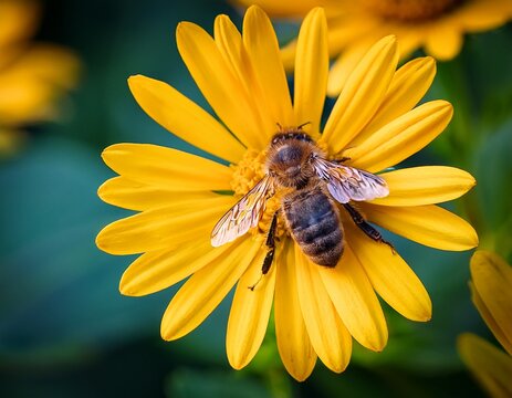 close up of a bee collecting nectar from a yellow flower surrounded by green leaves