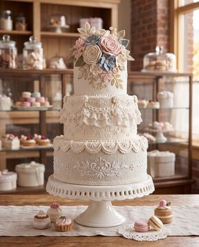 An art object in the form of a wedding cake, made from various fabrics and lace.