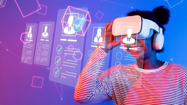Young Woman Wearing Virtual Reality Headset Enjoying Immersive Technology Experience with Digital Interfaces and Data Visualization in Background Sigmoid