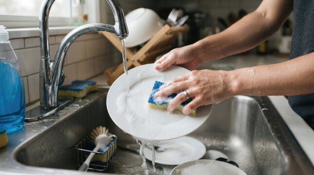 Closeup of a person washing a white plate with a blue and yellow sponge under running water in a kitchen sink, focusing on household chores and cleanliness