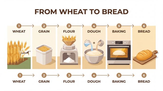 Clean, modern vector infographic &ldquo;FROM WHEAT TO BREAD,&rdquo; the complete bread production process.
