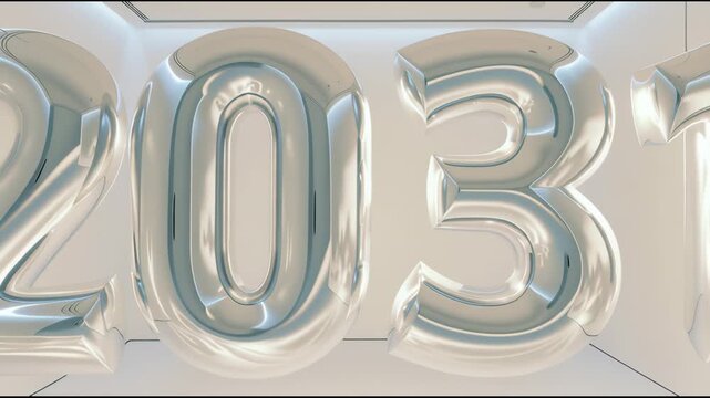 Balloons in the shape of the number 2031 float in a bright room, creating a festive atmosphere. The setting features smooth surfaces and soft light.