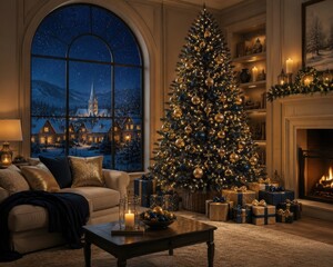 Obraz premium Cozy Christmas living room with glowing tree and snowy village