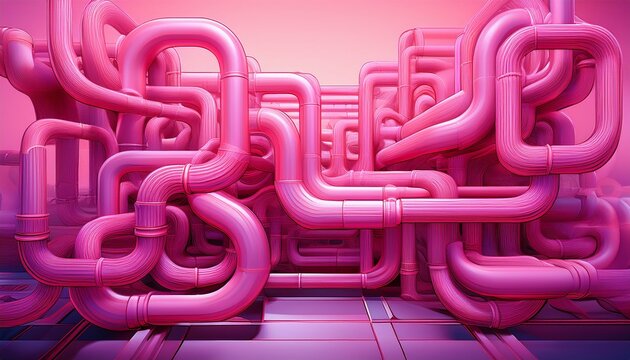 abstract design featuring interconnected pipes in a gradient of pink hues