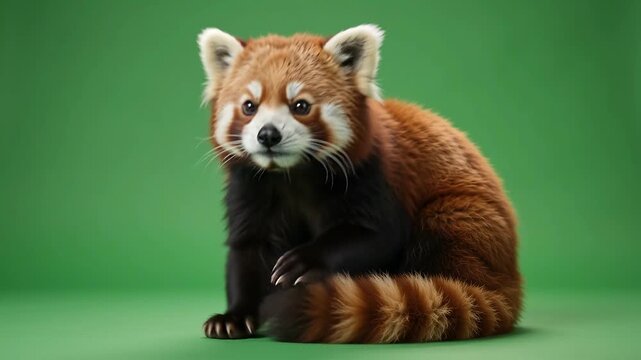 Red panda sitting and looking around, isolated on green background