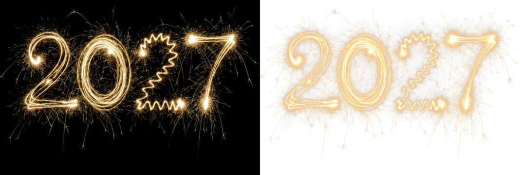 2027 written with golden sparklers on black and transparent background