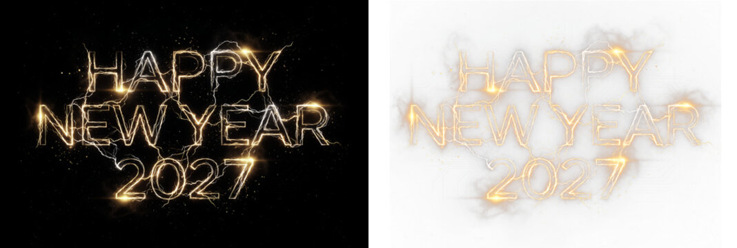Happy new year 2027 glowing golden electric lightning text effect isolated on transparent background