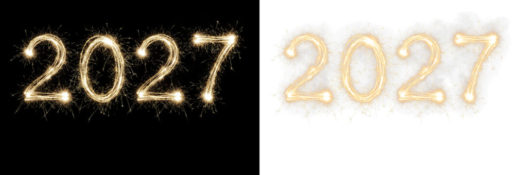 Sparkling 2027 numbers made of glowing sparklers on black and transparent backgrounds