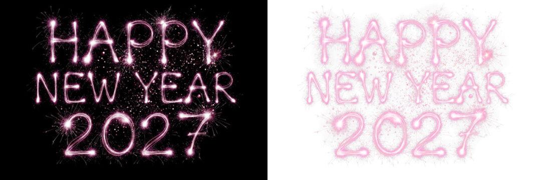 Happy new year 2027 text written with pink sparkling fireworks on black and transparent background