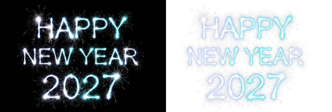 Happy new year 2027 text made of glowing blue sparklers on black and transparent backgrounds