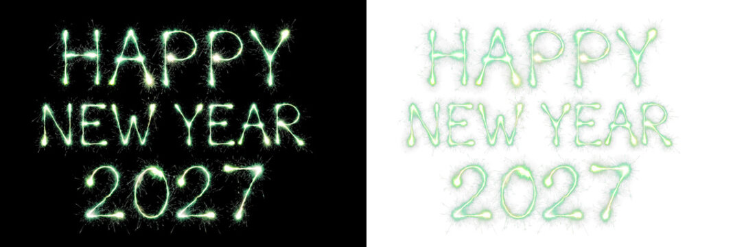 Happy new year 2027 text written with green sparkling light on black and transparent background