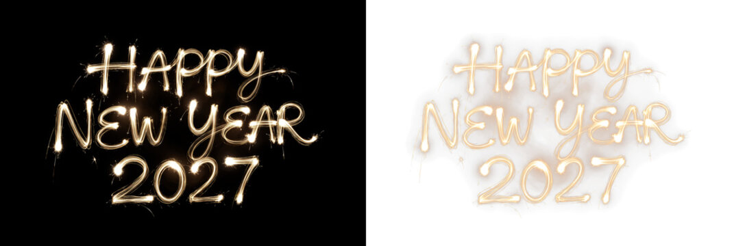 Happy new year 2027 text written with golden sparklers on black and transparent background