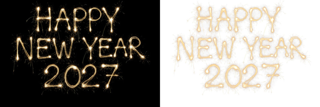 Happy new year 2027 sparkler text on black and transparent backgrounds