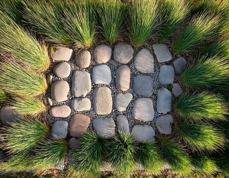 overhead view of cobblestone pathway with grass and small stones between gaps forming a rustic outdoor ground texture