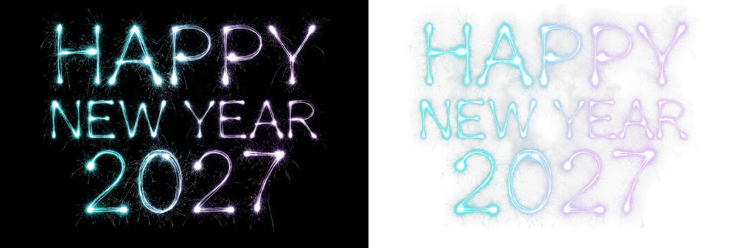 Happy new year 2027 text written with glowing sparklers on black and transparent background