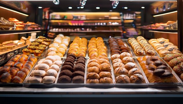 sweets and bakery stall or showcase at shop