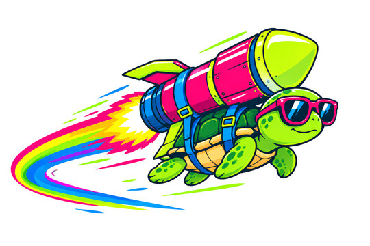 Cool cartoon turtle flying with a rocket and rainbow trail wearing sunglasses funny illustration