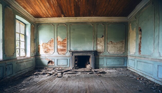 old abandoned room with broken fireplace and peeling walls
