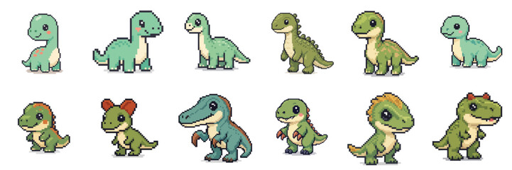 Set of cute pixel art dinosaurs © Vectoryu