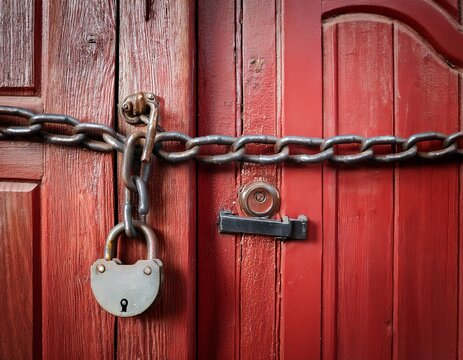 close up on a old lock gate and chain on red wooden gate vintage red wooden door with metallic doorhandle and old chain
