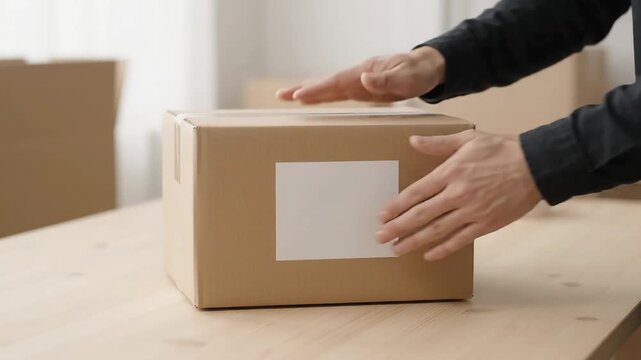 Cardboard box with a blank white label being handled by a person preparing parcels for shipping in a fulfillment center.