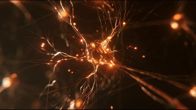 Neurons display activity as they glow and interact, showcasing movement and connection. Bright sparks illuminate the intricate network.