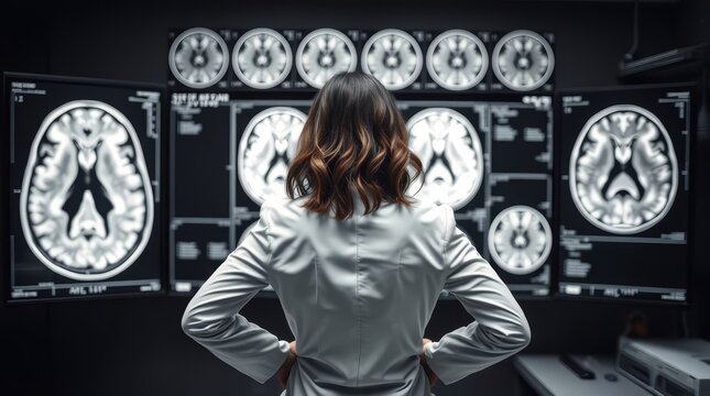 Female Neurologist Examining Brain MRI Scans on Multiple Diagnostic Monitors