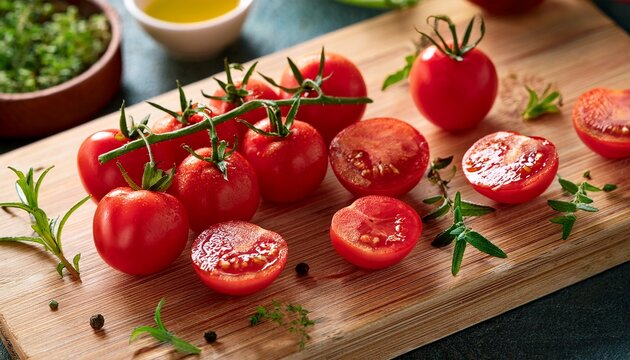 freshly sliced cherry tomatoes on a wooden cutting board with herbs