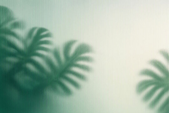 Abstract corporate background blending frosted ribbed glass texture with elegant soft green monstera leaf shadows and large copy space for eco-friendly business concepts