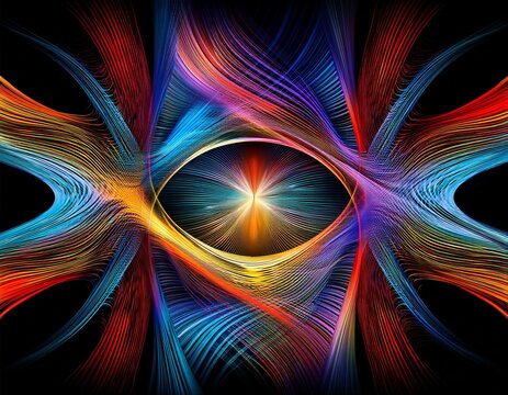 abstract colorful shapes and lines on a black background creating a dynamic visual pattern