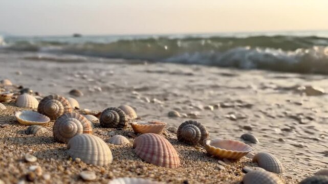 Seashells scattered on a sandy beach with gentle waves lapping the shore at sunset