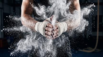 Fototapeta premium Close up of athlete hands clapping together with white chalk powder explosion in dark gym setting. Fitness training, bodybuilding, strength and conditioning.