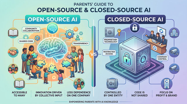 Infographic comparing open-source and closed-source artificial intelligence, featuring a collaborative brain puzzle on the left and a locked proprietary cube on the right