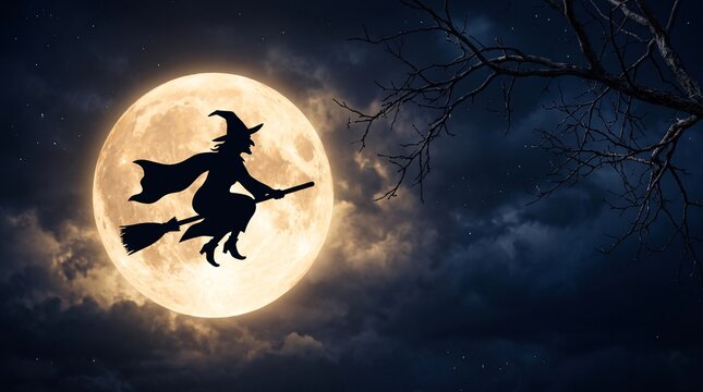 silhouette of a witch flying on a broomstick across a glowing full moon framed by twisted bare branches in a dark cloudy night sky for spooky halloween poster design