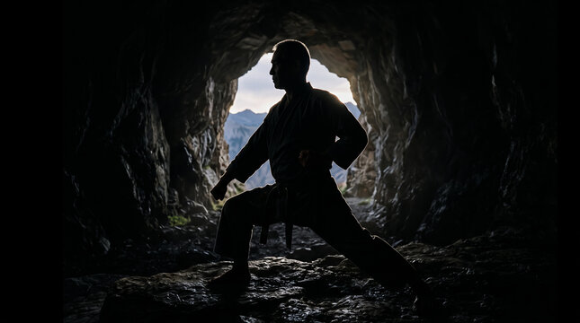 Silhouette of martial artist in fighting pose inside a dark cave opening, mountain landscape visible in background. Martial arts training, meditation, strength and discipline.