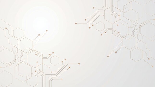 Elegant abstract white technology background featuring rose gold hexagonal geometry and digital circuit board lines. Clean minimal design with empty copy space for corporate business presentation.