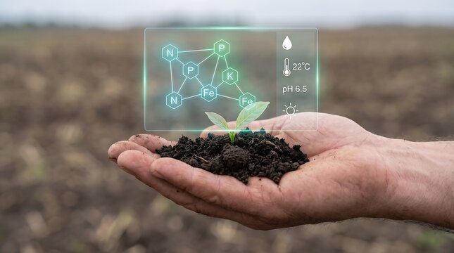 Farmer holding young plant with digital soil nutrition analysis hologram interface