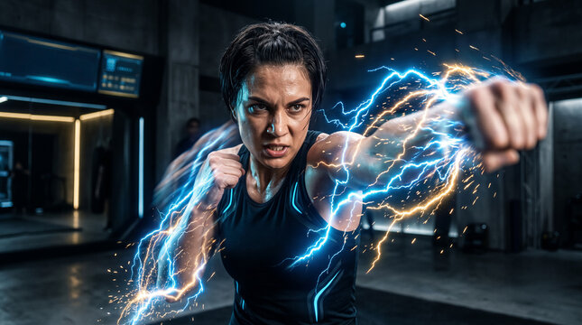Powerful woman punching towards camera with blue electrical energy bolts and sparks, dark futuristic gym setting. Action sports, superhero concept, strength training.