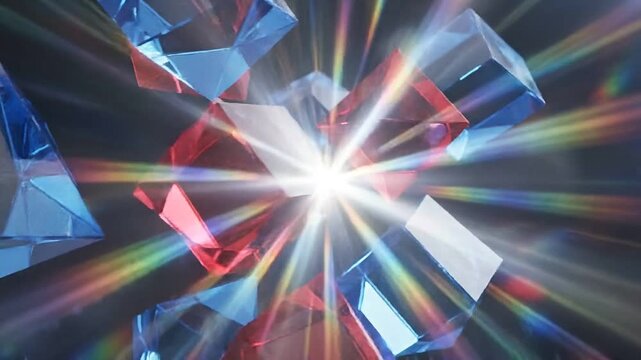 Abstract 3D animation of red and blue crystal cubes floating and rotating with prismatic light refraction on dark background